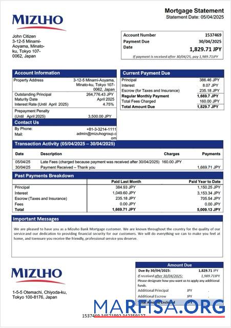 Printable Japan Mizuho Bank mortgage statement Word and PDF template
